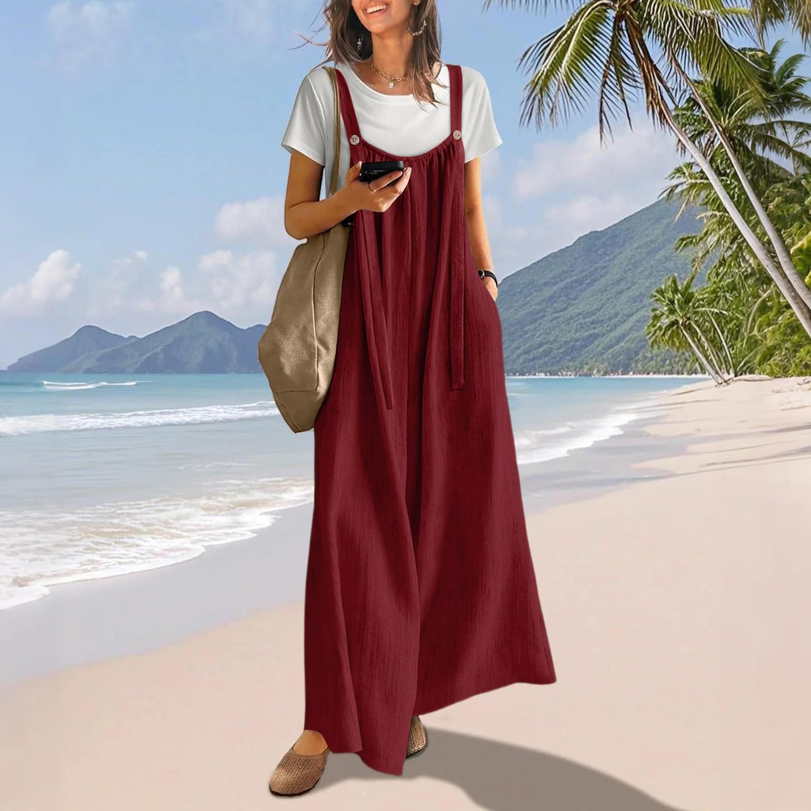 

Повседневные комбинезоны с широкими штанинами для женщин, однотонные комбинезоны, летние наряды с карманами M винный