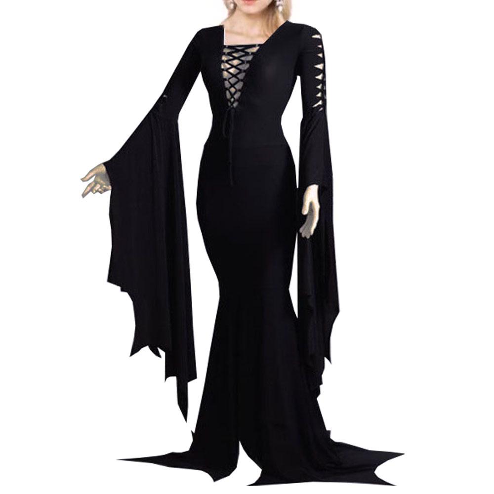 2023 Schwarz & Rot Vampirkostüm - Langes Kleid mit Rundhalsausschnitt & Schnürdetails