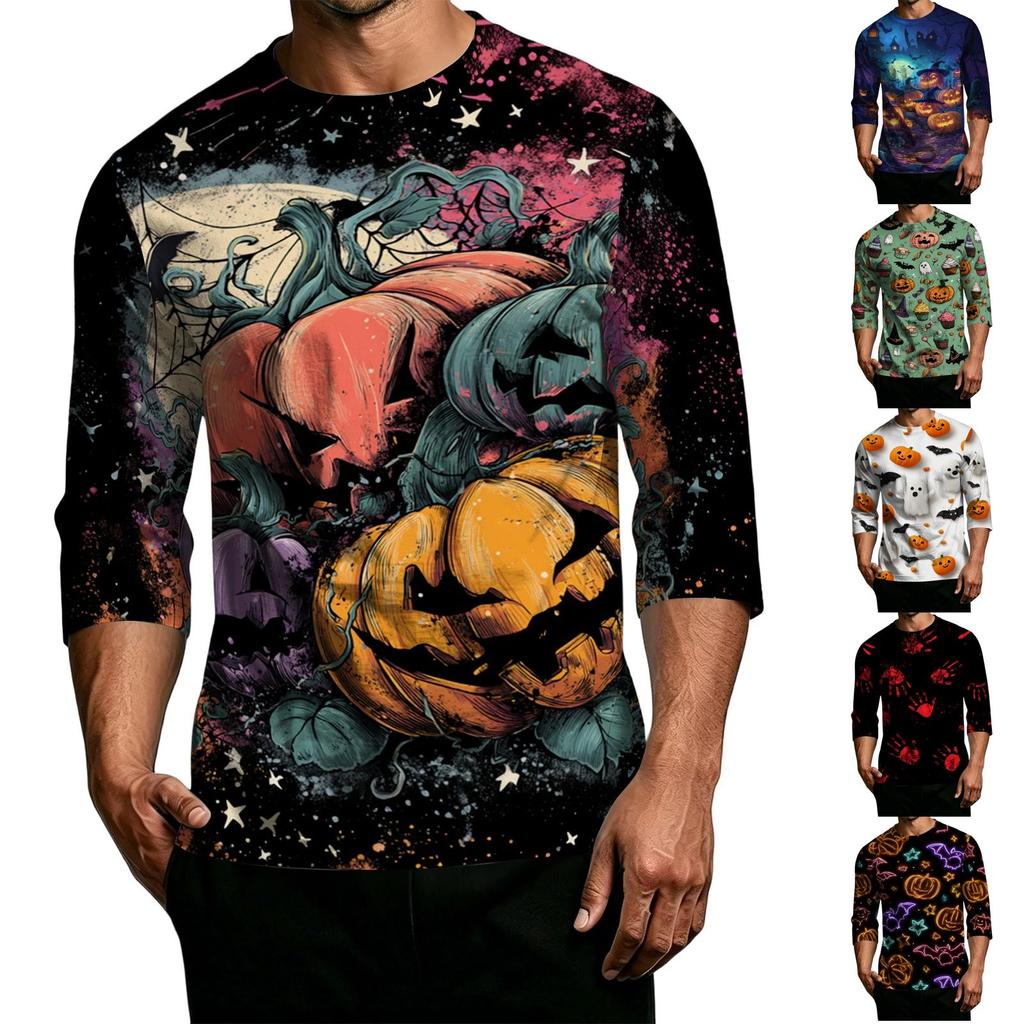 Men Casual Halloween Print Crew Neck T Shirt Three Quarter Sleeve Relaxed Fit Top Suitable for Everyday Wear and Seasonal Events