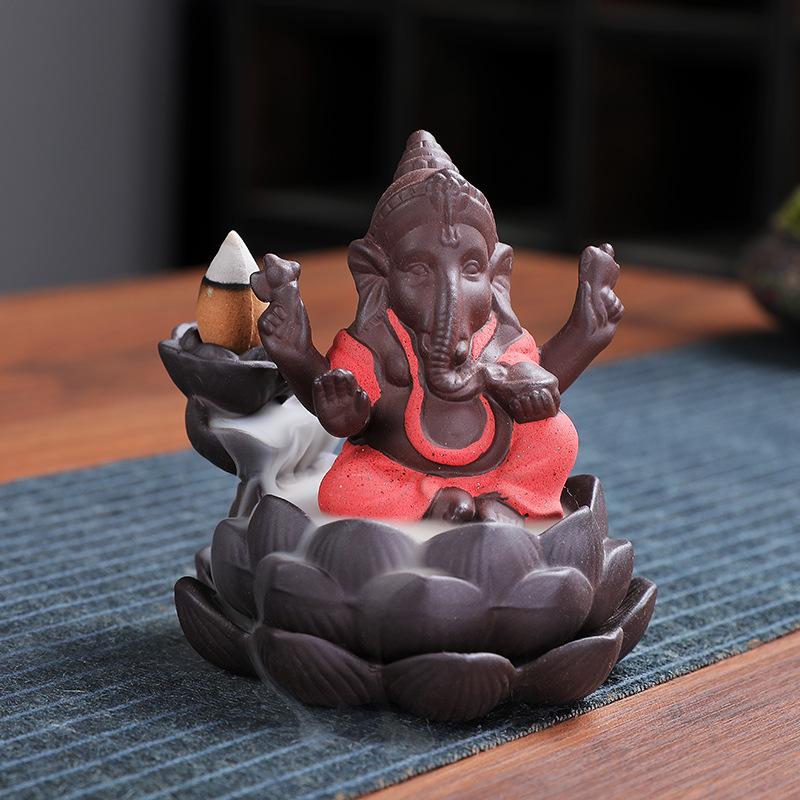 1 Stück, Keramik-Lotus, indischer Ganesha, Elefantengott, Buddha-Statuen, Rückfluss-Räuchergefäß, Buddha-Räucherstäbchen, Heimdekoration, Tee-Haustier