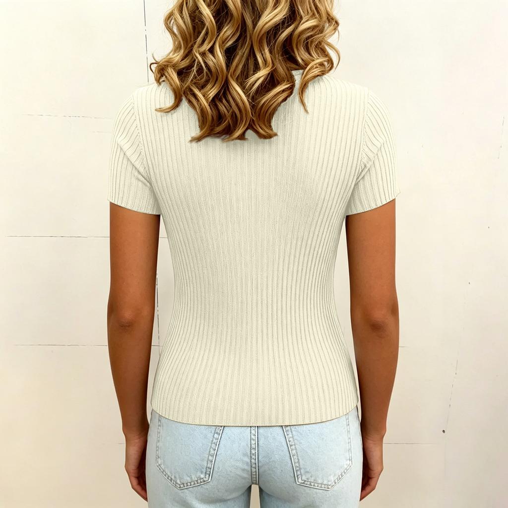Women's Square Neck Short Sleeve Knit Top Slim Fit Color Casual Pullover Blouse