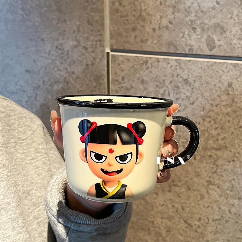 The new Nezha ceramic milk cup microwave can be heated to children's drinking cup graduated oatmeal cup souvenir