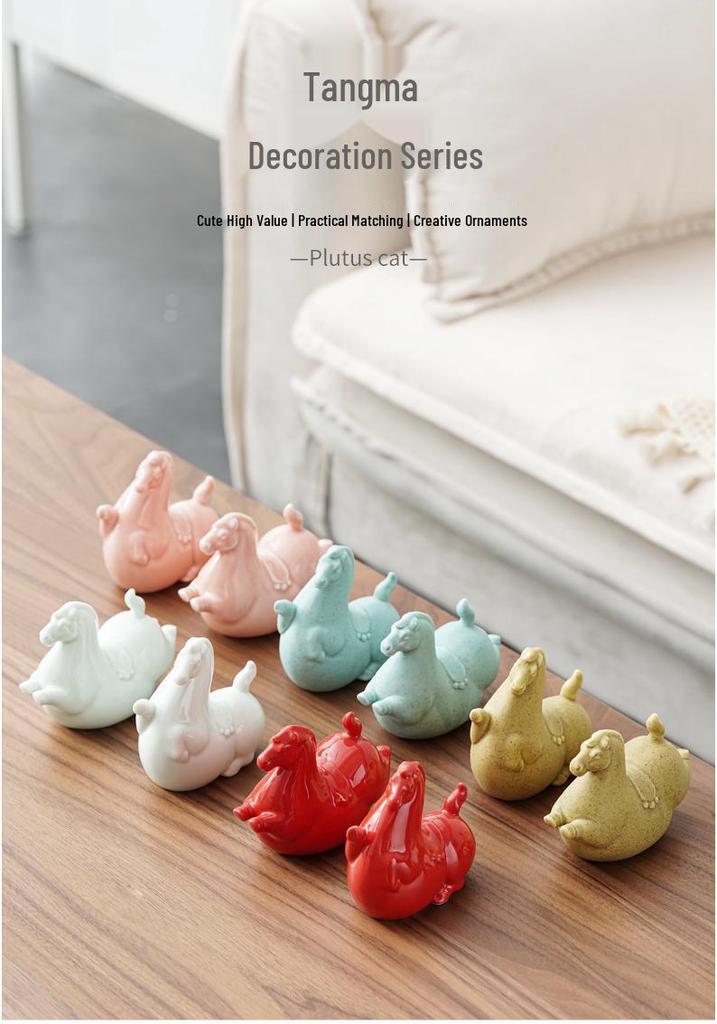 Modern Minimalist Ceramic Rocking Horse Ornament - Cute Green & Pink Tea Pet Decor for Home