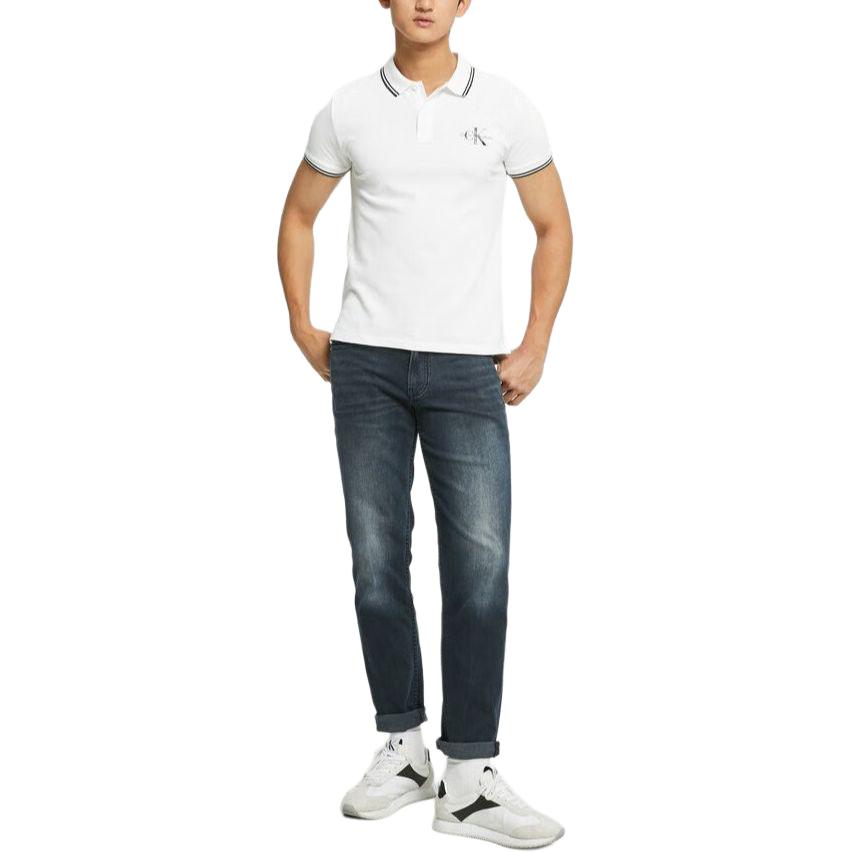Calvin Klein Fashion Trimmed Overlapping Print Breathable Short Sleeve Polo Shirt Men tops White J320772-YAF
