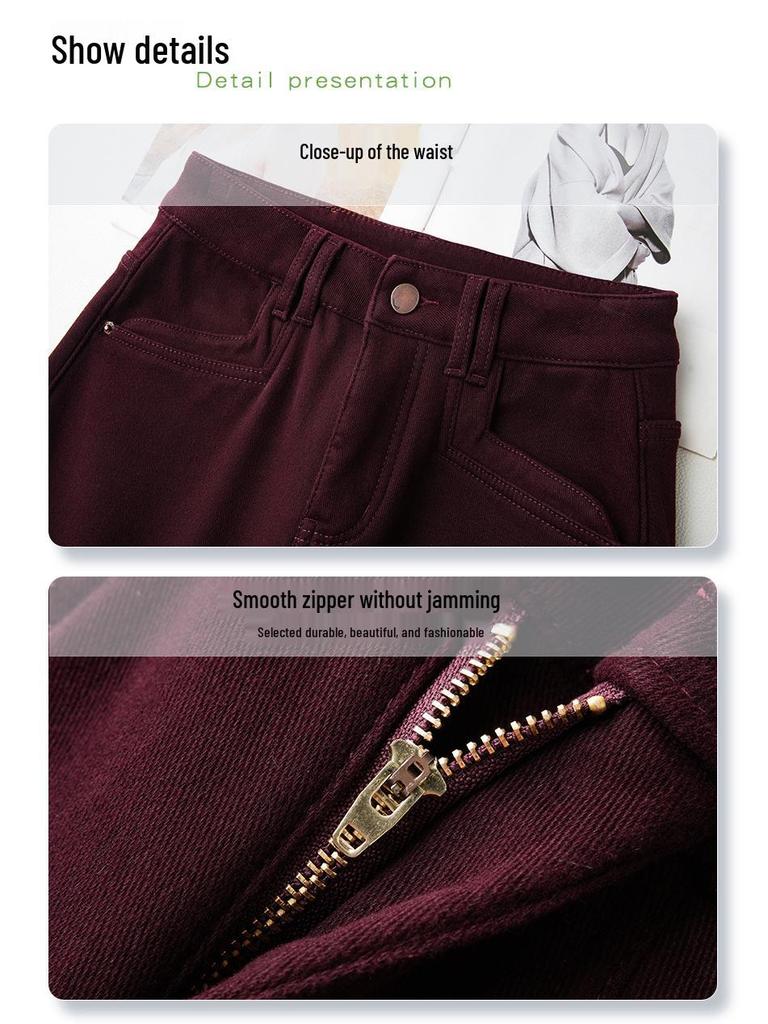 Ancola Women's 2024 Red Velvet Slim-Fit Straight-Leg Petite Wide-Leg Winter Jeans