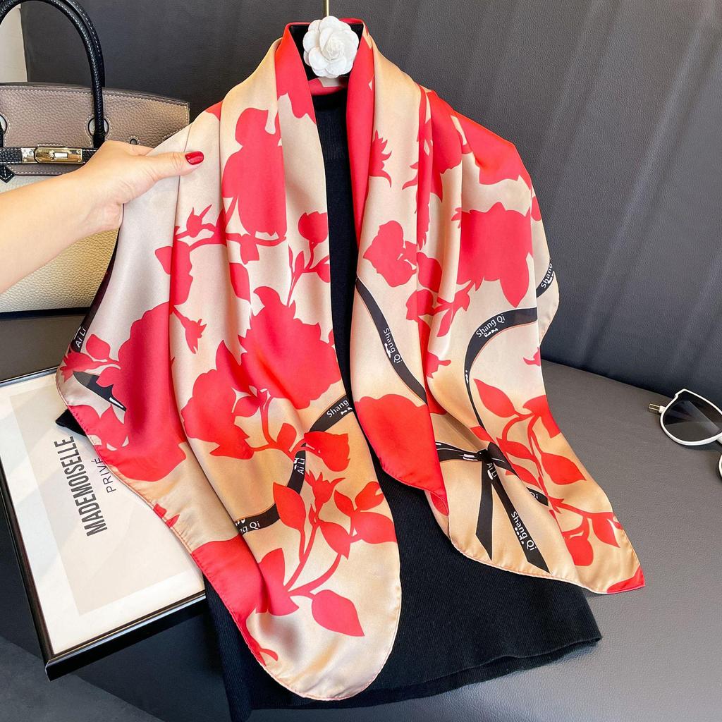Women's Retro Fashion Mulberry Silk Feel Square Scarf - Summer Faux Satin, Sun Protection, 90cm