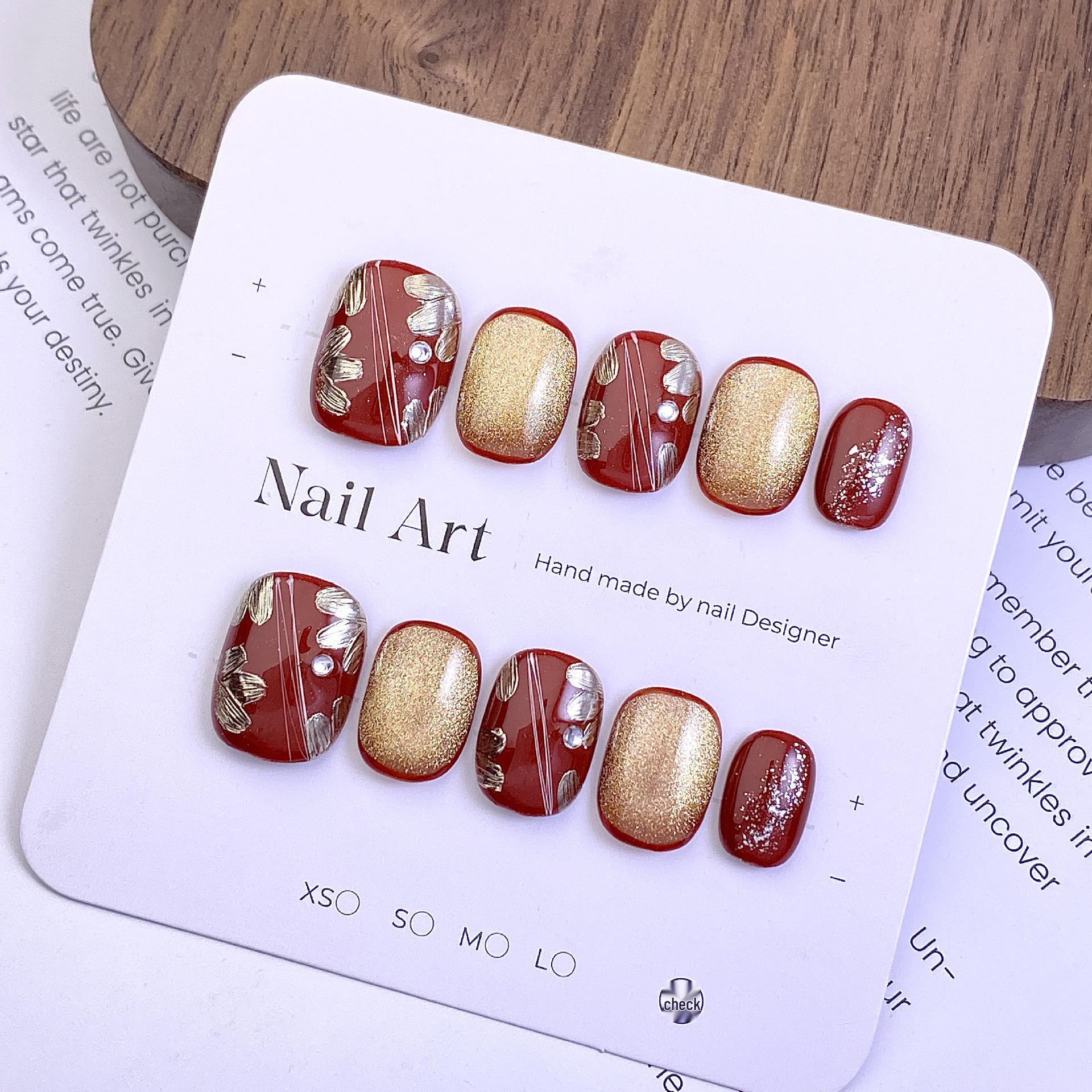 

High-End Red-Gold Gradient Hand-Painted 3D Gold Foil Nail Tips - New Year Battle Robe Style Extra Small