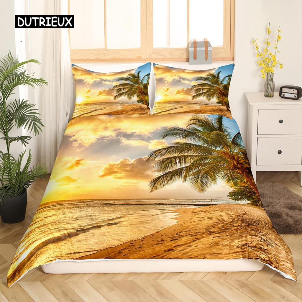 

Beach Ocean Bedspread Cover Package Hawaiian Palm Tree Waves Bedclothes Tropical Island and Sea Beach Nature Theme Polyester Fabric Qulit Cover EU single(135x200cm)