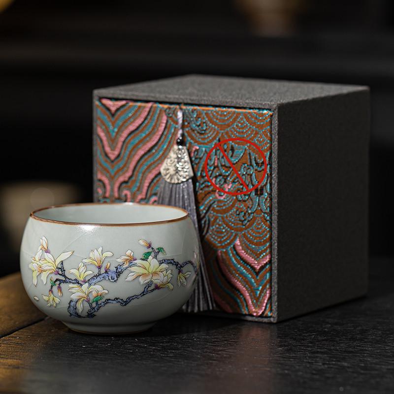 Ru Kiln Ceramic Tea Tasting Cup - Landscape Crackle Design, Large Single Cup, Gift Box Set