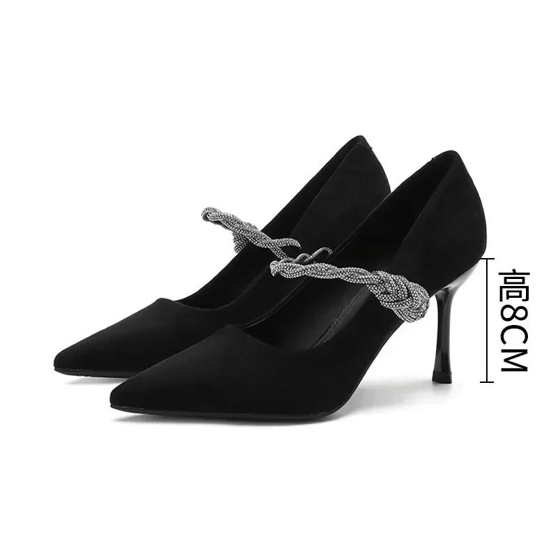 

Fashion High Quality Sexy Pointed Toe Suede Design Women Pumps Luxury Rhinestone Straps Thin Heels Elegant Party Dress Shoes for Women 35 чорний