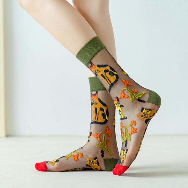 1 para skarpetek damskich kreskówkowy kot kwiat roślina kawaii śmieszne codzienne damskie kryształowy jedwab modne skarpetki streetwear harajuku skarpetki załogowe