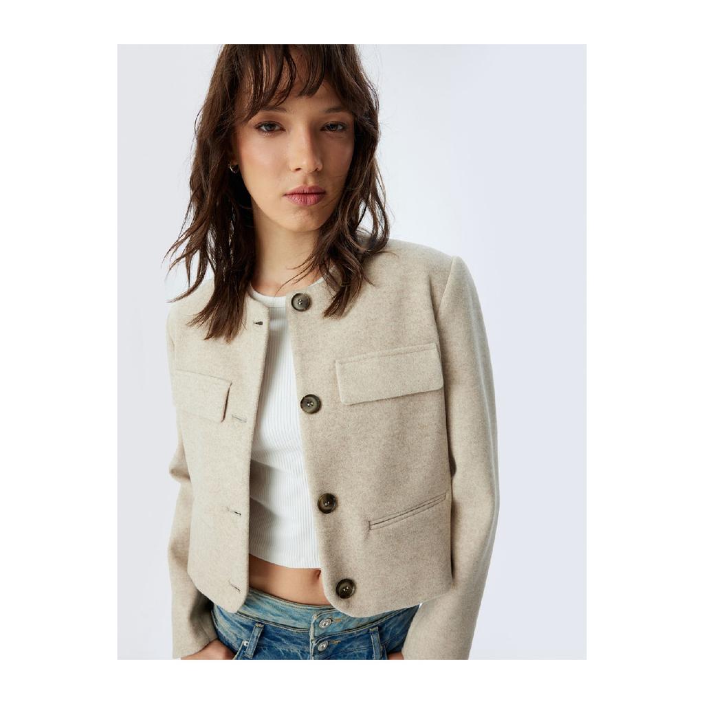 Stamp Crop Jacket Round Collar Buttoned Pocket Soft Textured