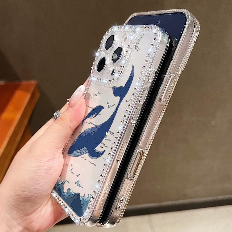 Diamond Frame Clear Phone Case For iPhone 16E 16 Pro Max 15 Pro 14 13 12 11 Whale Turtle Pattern Soft Silicone Shockproof Cover
