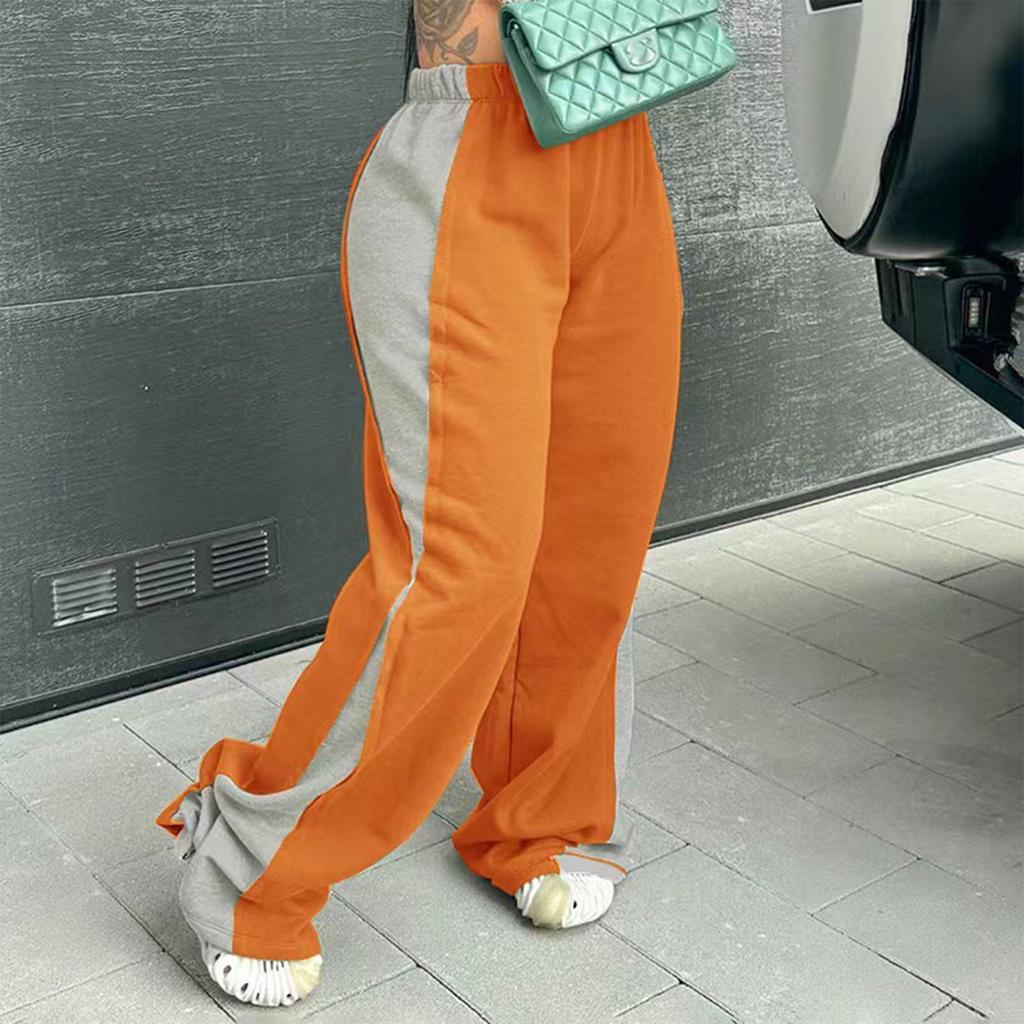 Women's Fashionable Color Blocked Elastic Waistband Versatile Straight Leg Casual Sweatpants Pants