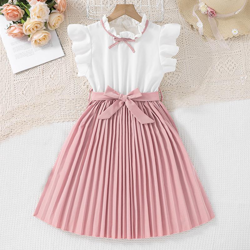 Dívčí šaty Dětské oblečení 2025 Letní nový styl Volánový rukáv Barevně blokovaný Temperamentní Skládaná sukně