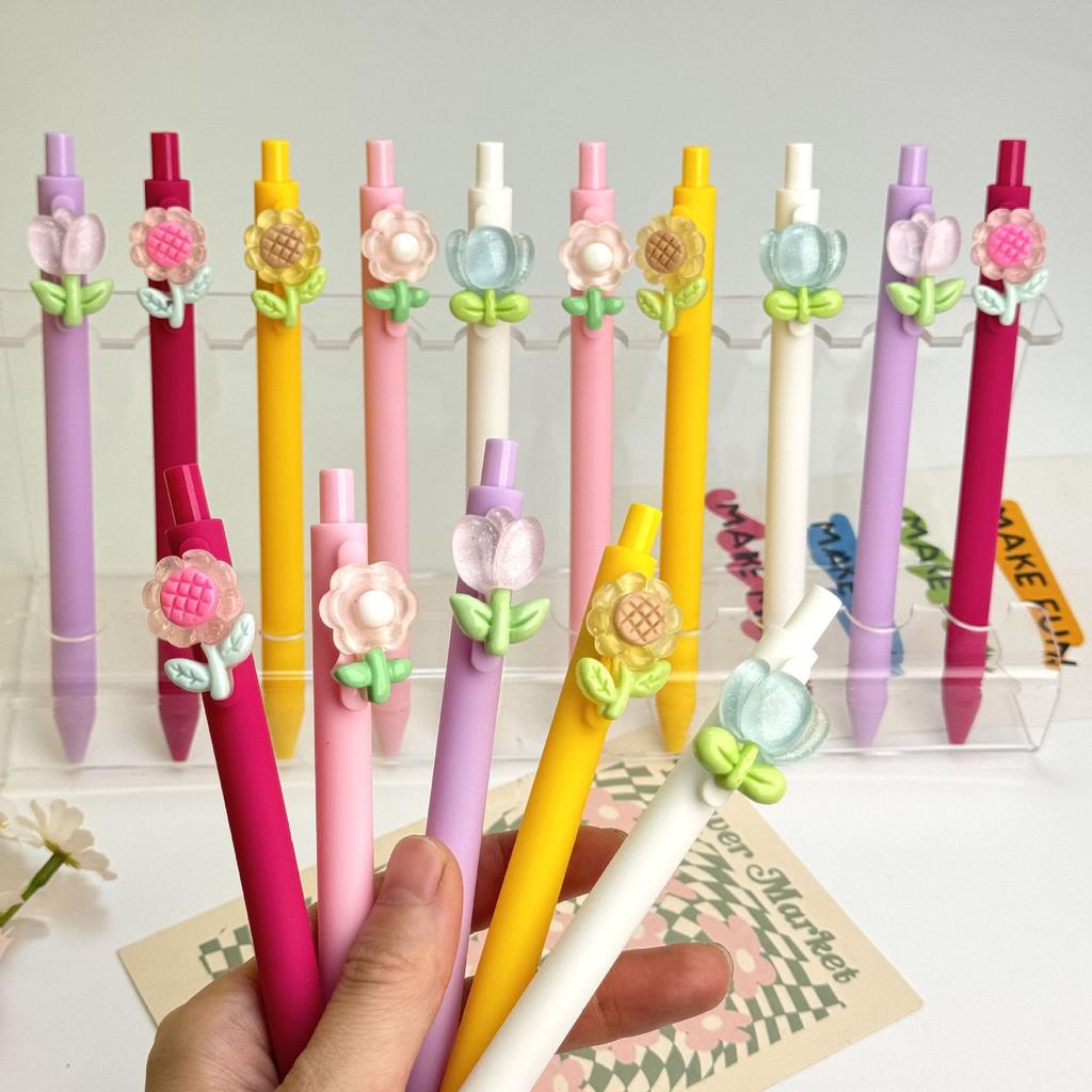 10Pcs Crystal Flowers-Themed Retractable Ballpoint Pens - Multicolor Soft Grip Pens with Random Crystal Flowers Designs, Fine Point, Ideal for Student
