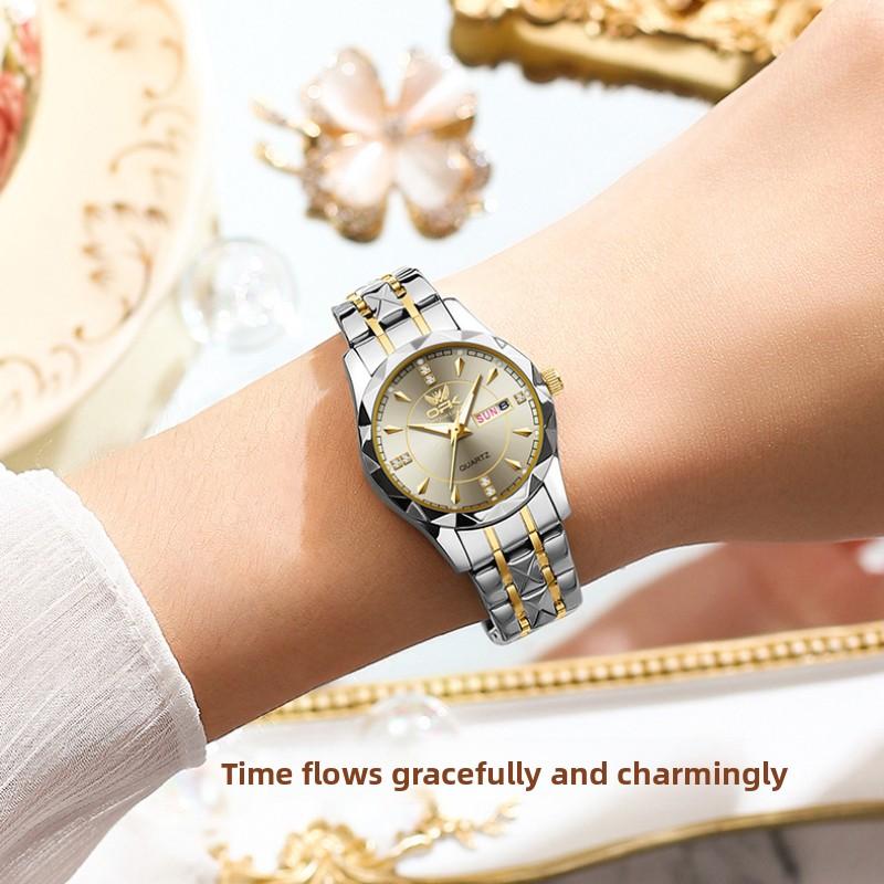 Rhombus Cut Couple Watch, A Pair of Steel Straps, Double Calendar Men's Watch, Luminous Waterproof Women's Watch, High-end