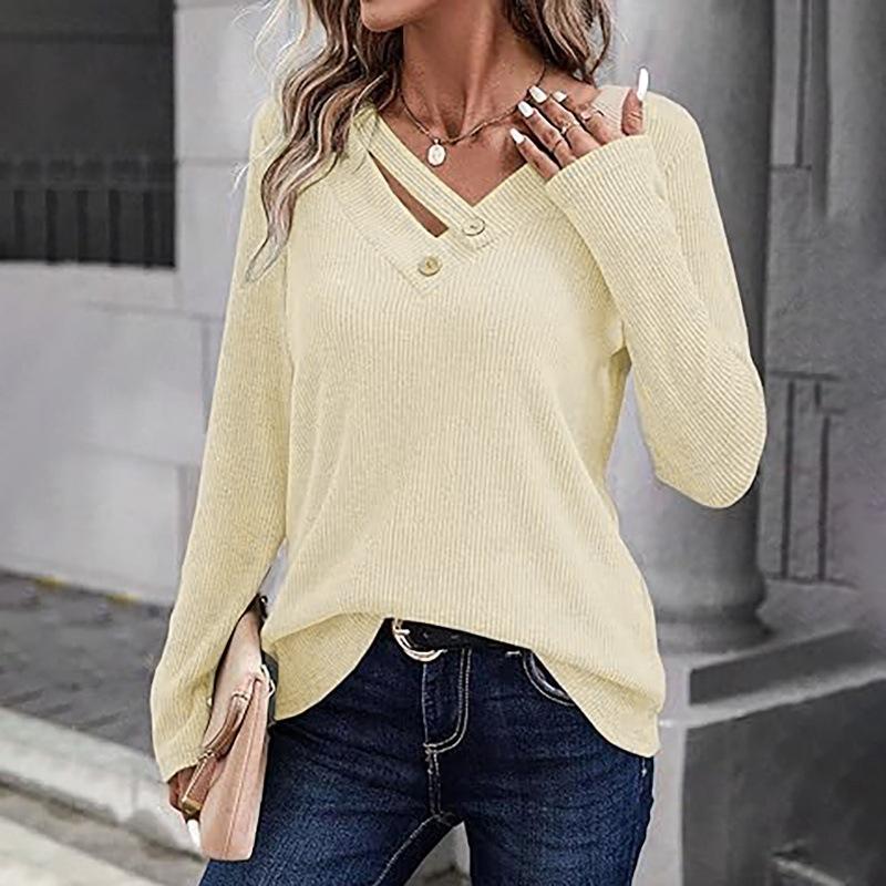 Women's Button V Neck Casual Long Sleeve Loose Fit Solid Color Knit Top Lightweight Comfortable Everyday Wear