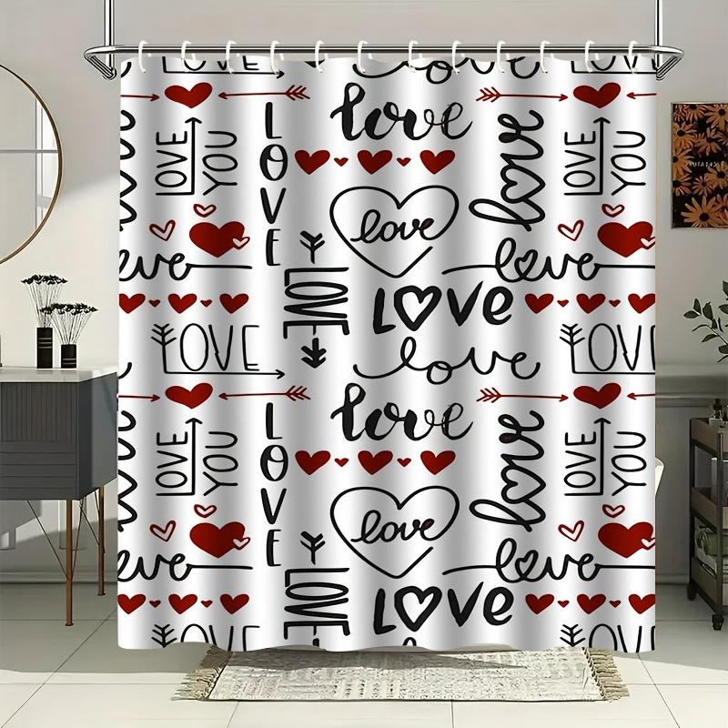 Love Heart Pattern Shower Curtain Romantic Bathroom Decor Valentine'S Day Theme Waterproof Bath Curtain Black Red Design
