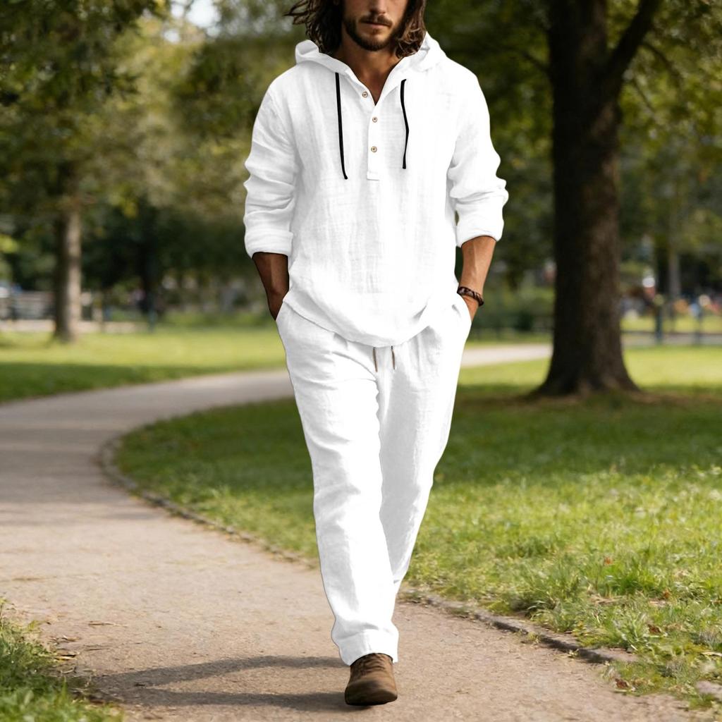 Men's Linen Casual Set - Button  Shirt Elastic Waist Drawstring Loose-Fit Pants Comfortable Two-Piece Set