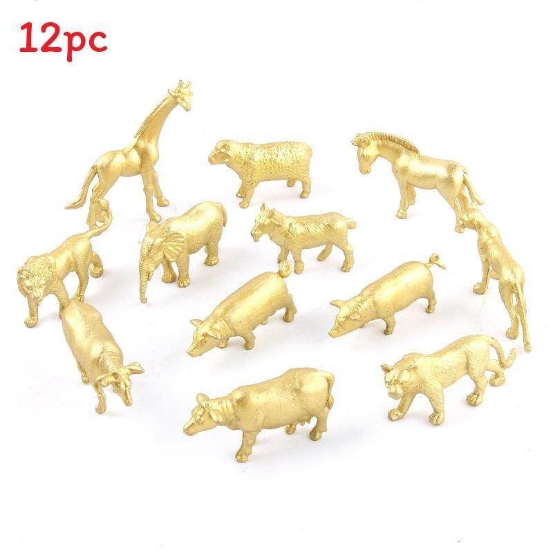 Giraffe Lion Horse Mini Animal Model Toy Set Plastic Collectible Figures For Kids Gold