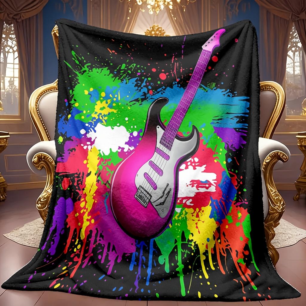 This Cozy Fleece Blanket Features a Vibrant Electric Guitar Design with High-Definition Digital Printing in a Colorful Graffiti Style on a Black Backg