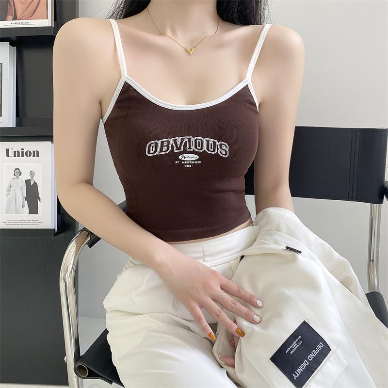 Early Autumn Korean Version of All Short Strap Top Tide Patchwork Color Printed Letters Sleeveless Knitted Small Vest Woman