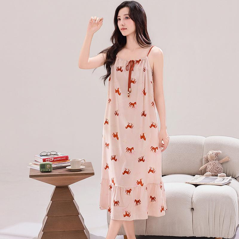 Gentle Wind Gradual Change Tie-dye Cotton and Silk Suspender Nightdress Ruffle Edge Hem Loose Pajama Skirt Women Large Size Home Skirt