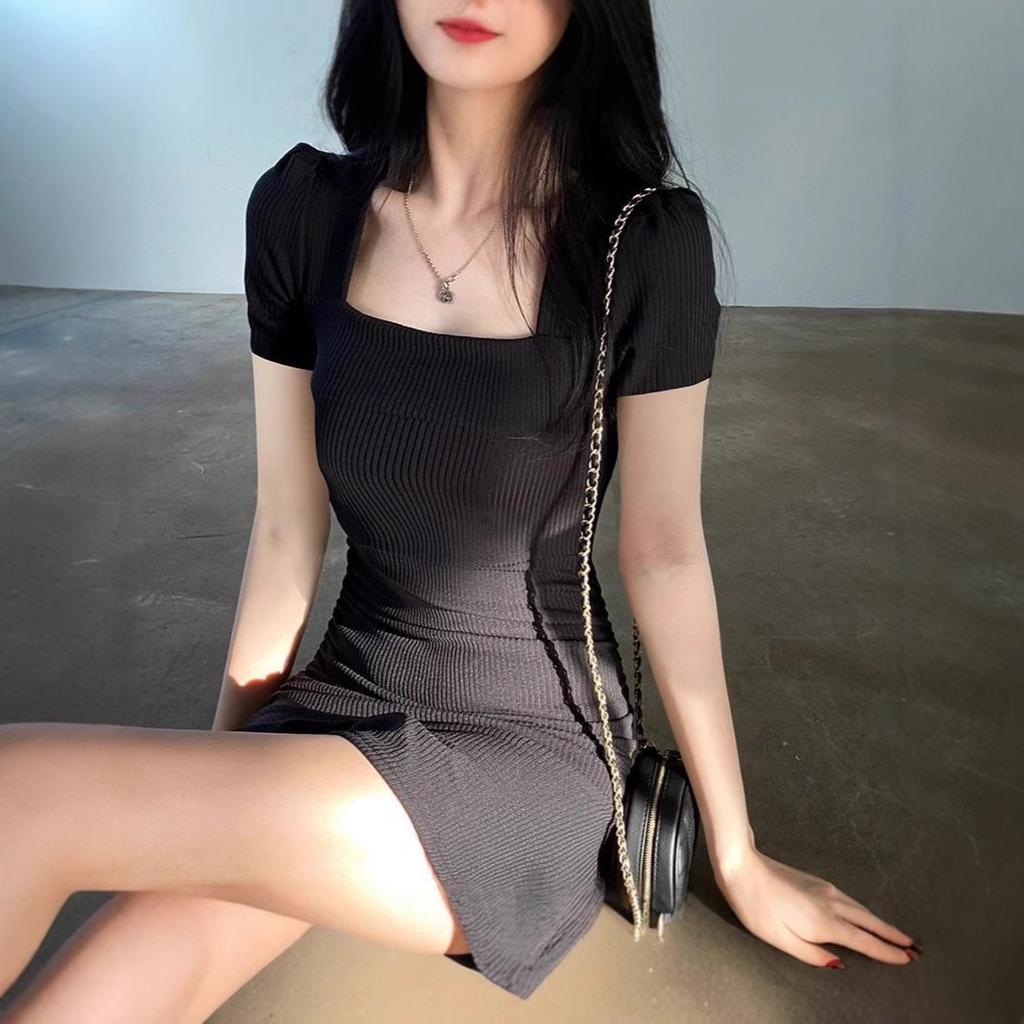 Black French square neck hip-wrapped knitted skirt women's summer new Spice Girl temperament ruffle leaf dress