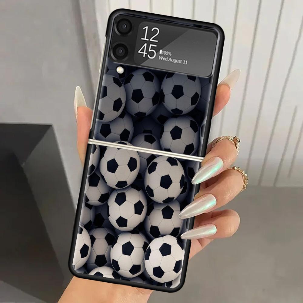 Football Soccer Ball Design Hard PC Phone Case For Samsung Galaxy Z Flip 6 5 4 3 Black Cover ZFlip6 Flip5 Flip4 5G Foldable Prin