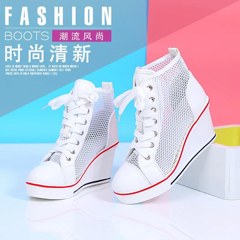 Wedge Heel 8cm Height Increasing Net Shoes Thick Bottom Sandals Women Casual Lace Up High Top Hollow Shoes