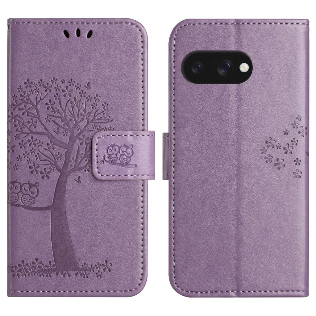 For Google Pixel 9a Case PU Leather Owl Tree Imprinted Wallet Phone Cover