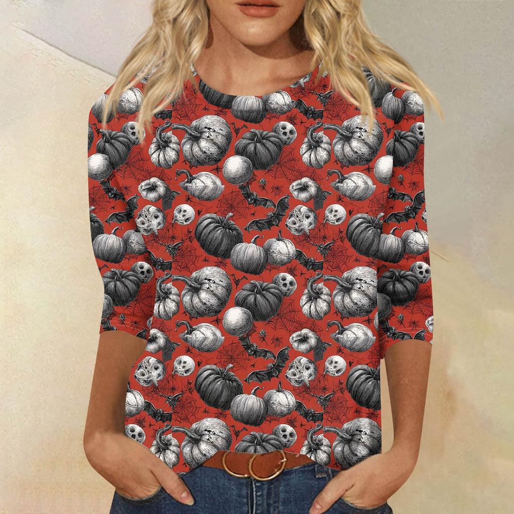 Dámské módní ležérní tričko s tříčtvrtečním rukávem a halloweenským potiskem, s kulatým výstřihem