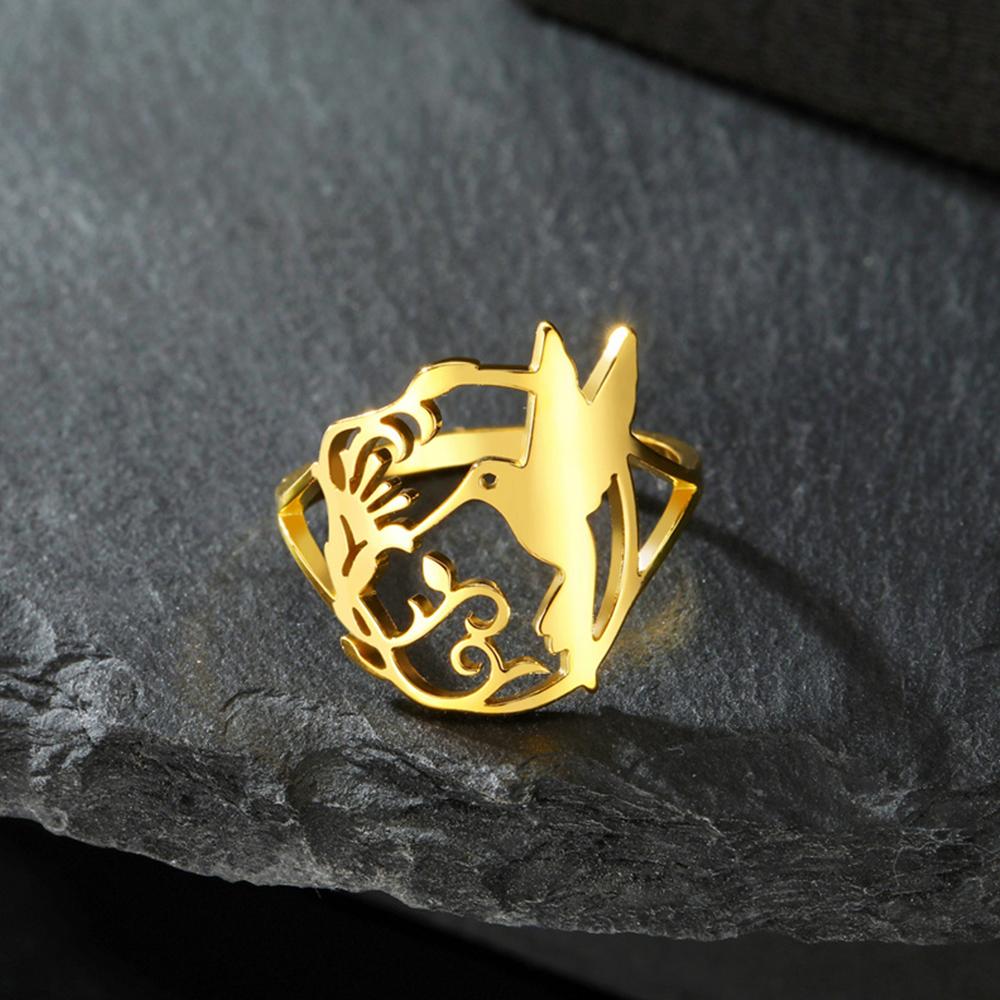 My Shape Hummingbird Flower Rings for Women Birds Bell Flower Steel Color Finger Ring Lucky Fashion Stainless Steel Jewelry Gift