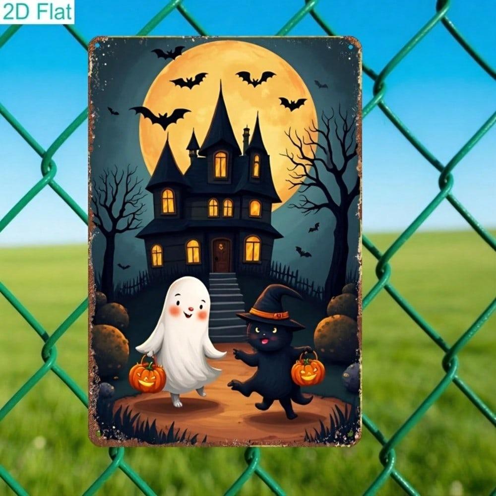 Vintage Halloween Metal Sign – Cute Ghost, Black Cat & Pumpkin, 2D Wall Art for Home, Bar, Cafe, Party Decor