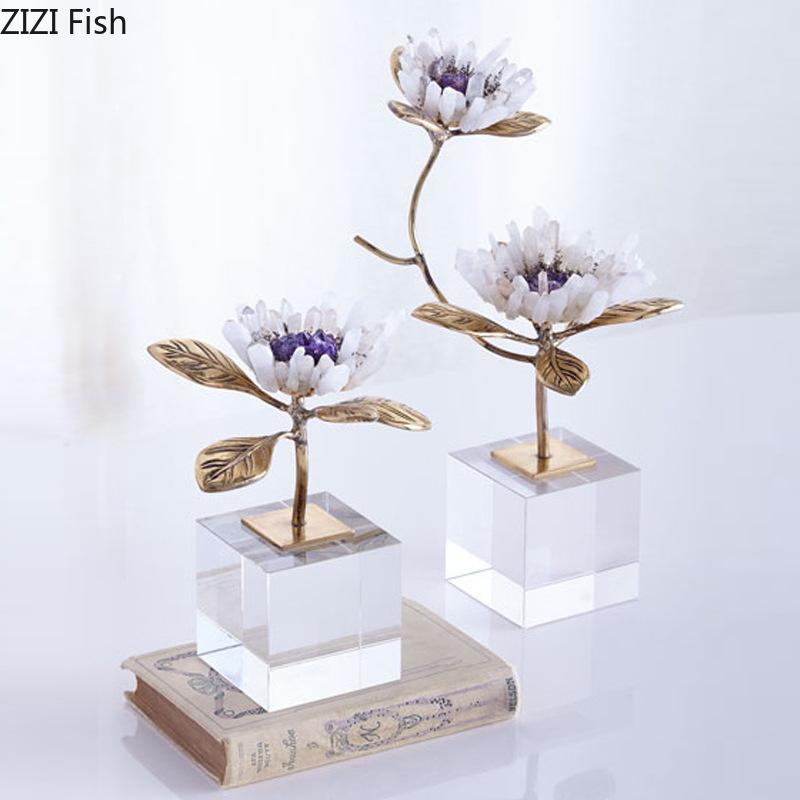 Amethyst Flower Gold-plated Brass Branch Crafts Ornaments Crystal Flowers Sculpture Living Room Furnishings Desk Decoration