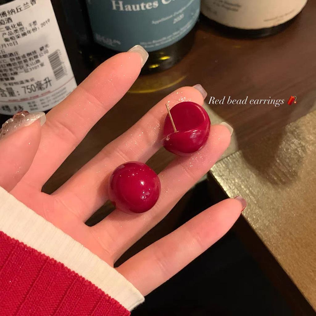 New Limited Earrings, Wine Stains, Cherry Red Pearl Stud Earrings, Women'S Light Luxury High-End Sense, Unique, Beautiful And Beautiful Earrings