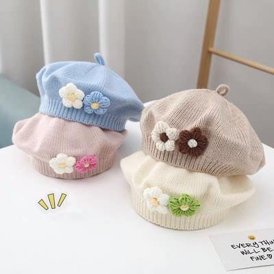 Fashion Baby Hat Solid Color Flower Girls Warm Beret Vintage Knitted Beret Hat Kids Autumn Winter Children Artist Painter Cap