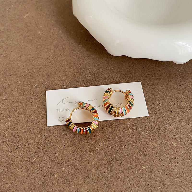 Niche Design Sense Rainbow Dripping Oil Metal Ear Buckle Women'S Light Luxury Retro Simple And Elegant Temperament Versatile Earrings Earrings