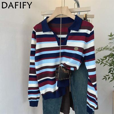 Women's Fashion Casual Fall Winter Stripe Print Long Sleeve POLO Neck Sweaters