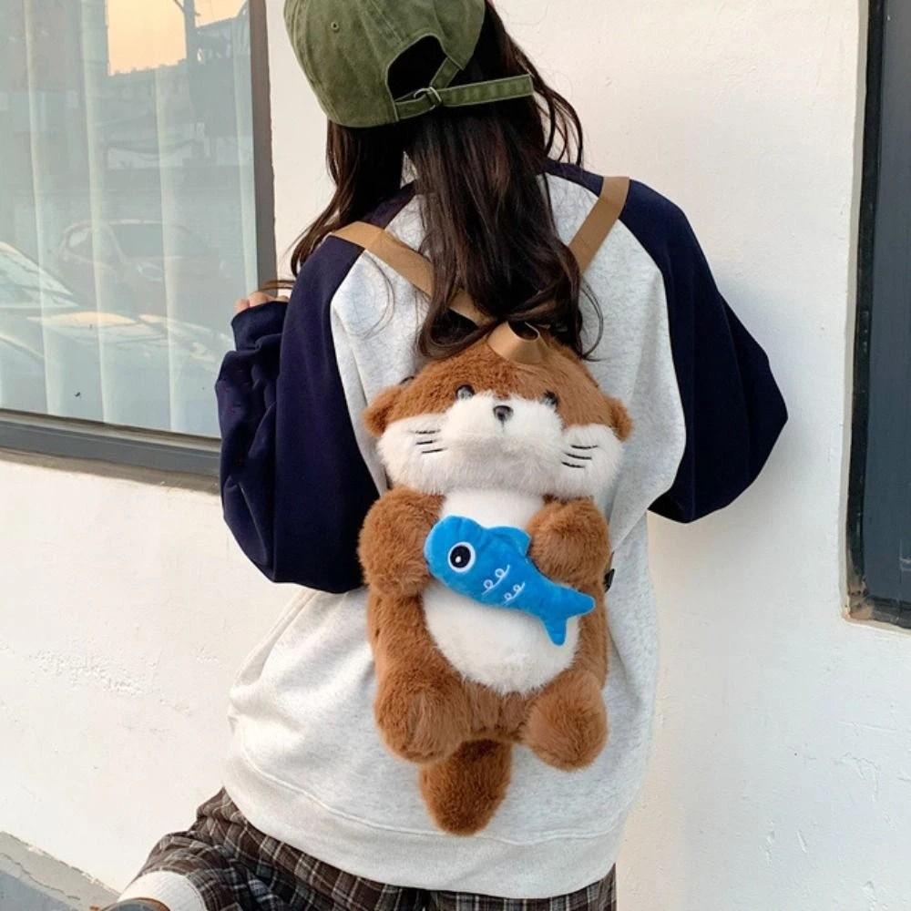 Holding Fish Otter Plush Backpack Realistic Look Student School Bag Shopping