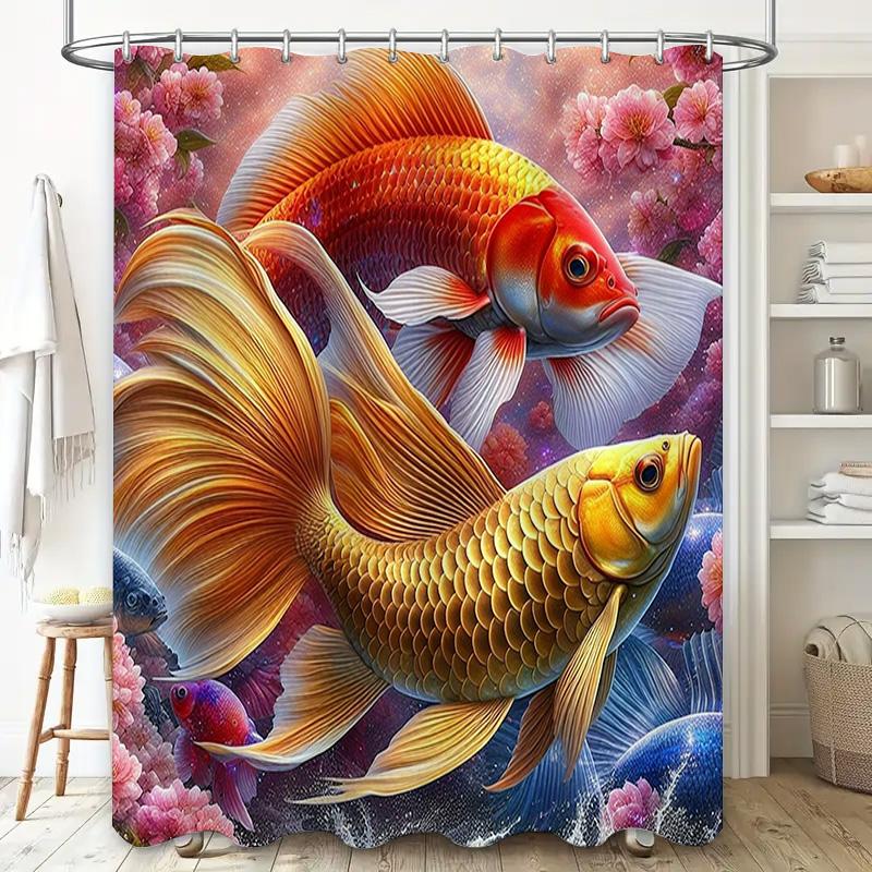 Goldfish Shower Curtain Wall Deco with Pink Blossoms Bath Decor Artistic Waterproof Print Home Decoration 3D Fabric Shower Panel