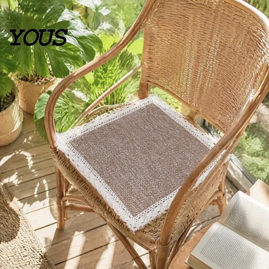 Breathable Office Chair Mat Cotton Linen Pad with Ties, Square Summer Seat Lace Decorative Trim, 15.75" x Washable for Dining Rattan
