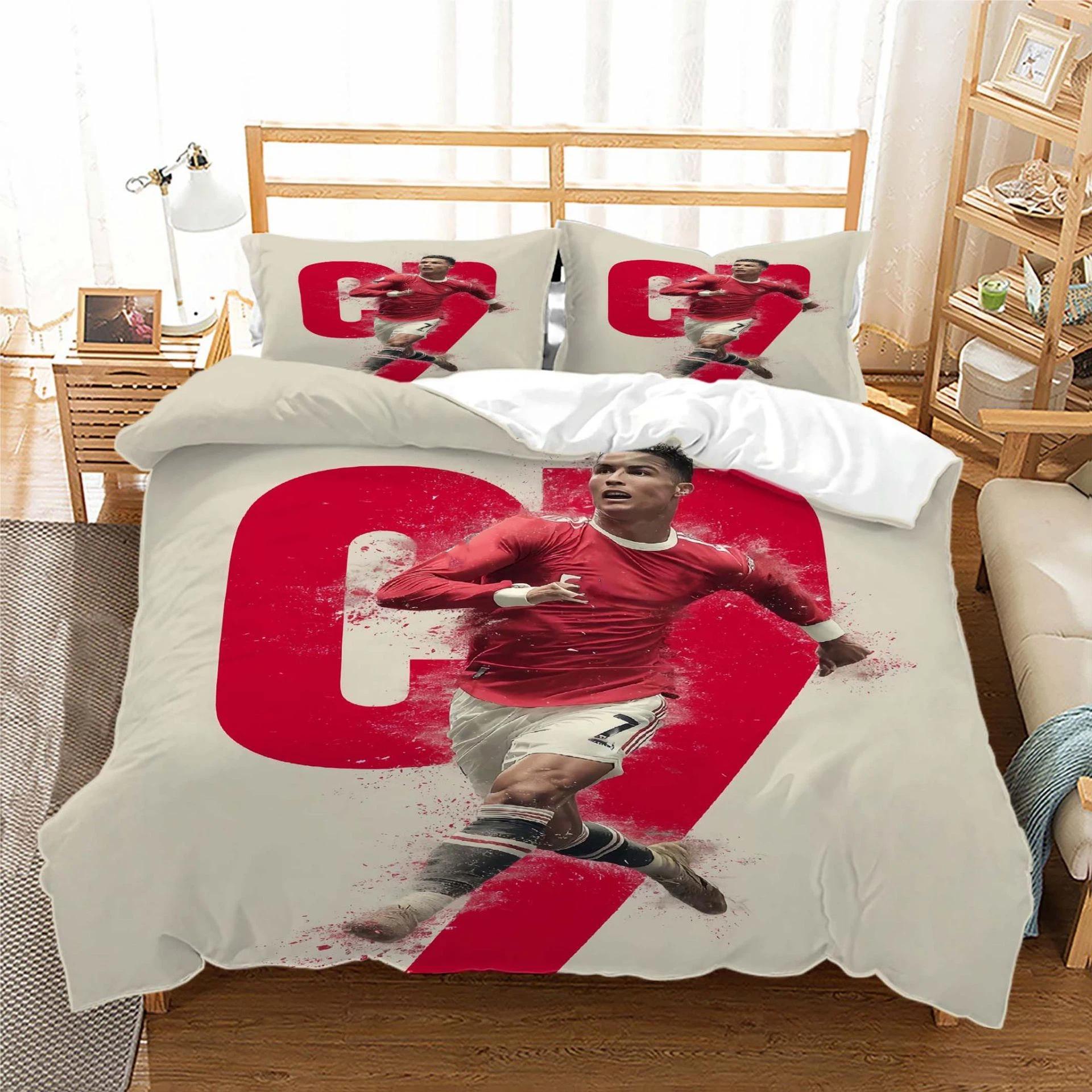 Ensemble de literie Football Cr7 Ronaldoo Housse de couette Taie d'oreiller Enfants Adulte Garçon Fille Décoration de chambre Simple Double Grande Taille 135x200cm-2pcs