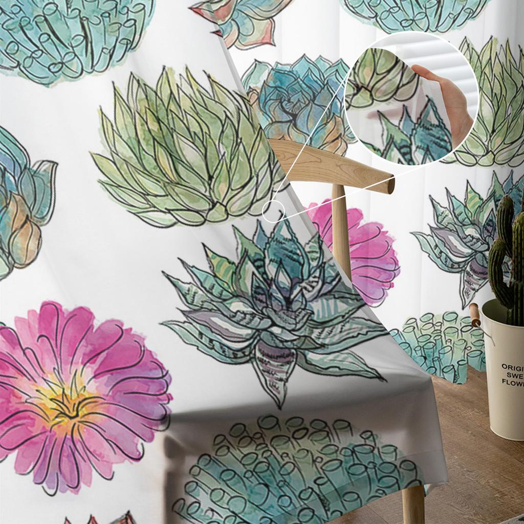 Plant Watercolor Succulent Window Treatment Tulle Modern Sheer Curtains for Kitchen Living Room the Bedroom Curtains Decoration