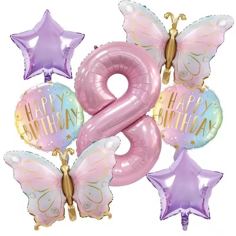 7 Pcs Pink Butterfly Balloon Set With 40 inch Number Baby Shower Helium Gradient Balloons Birthday Party Wedding Globos decor