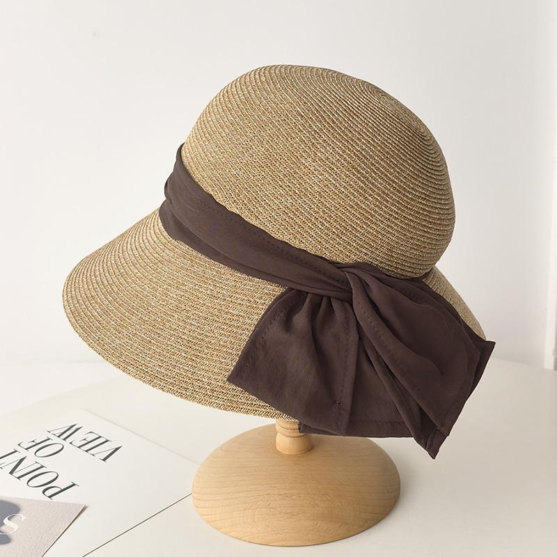 Elegant Pleated Large Double Bow Thin Straw Bucket Hat Women's Summer Beach Straw Hat Travel Visor