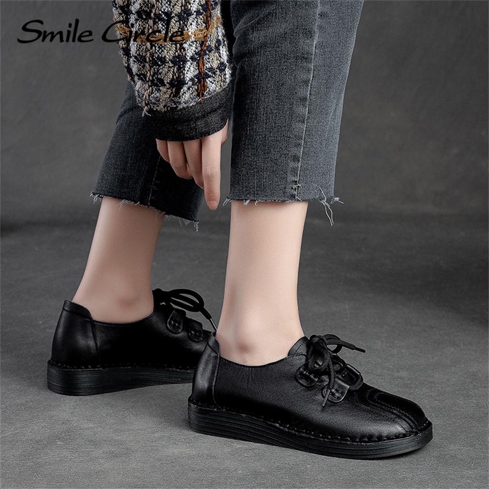Natural Leather Women's Flat Shoes Lace-up Round Toe Casual Shoes Fashion Retro Work Shoes