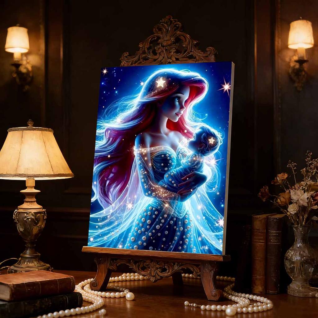Pearl Inlaid Ariel Holding Baby Craft Painting Parent-child Theme Fantasy Starry Sky Starlight Element Handmade Art Painting