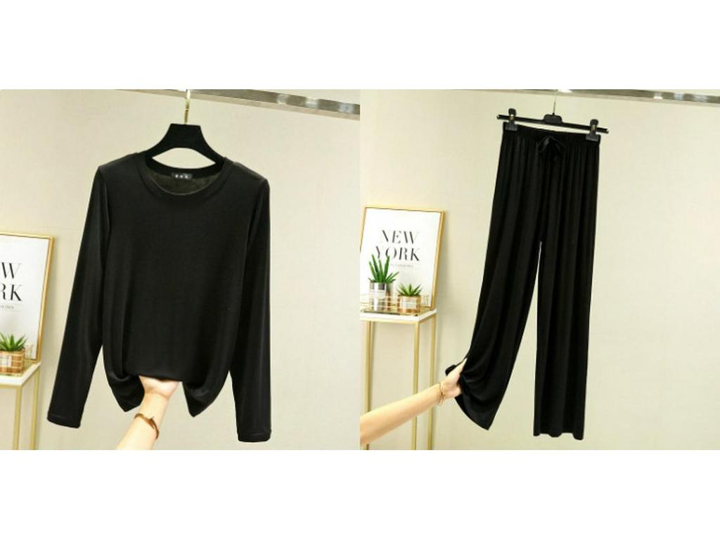 Damski jesienny zestaw piżamowy z bawełny modalnej – bluzka z długim rękawem i spodnie z szerokimi nogawkami